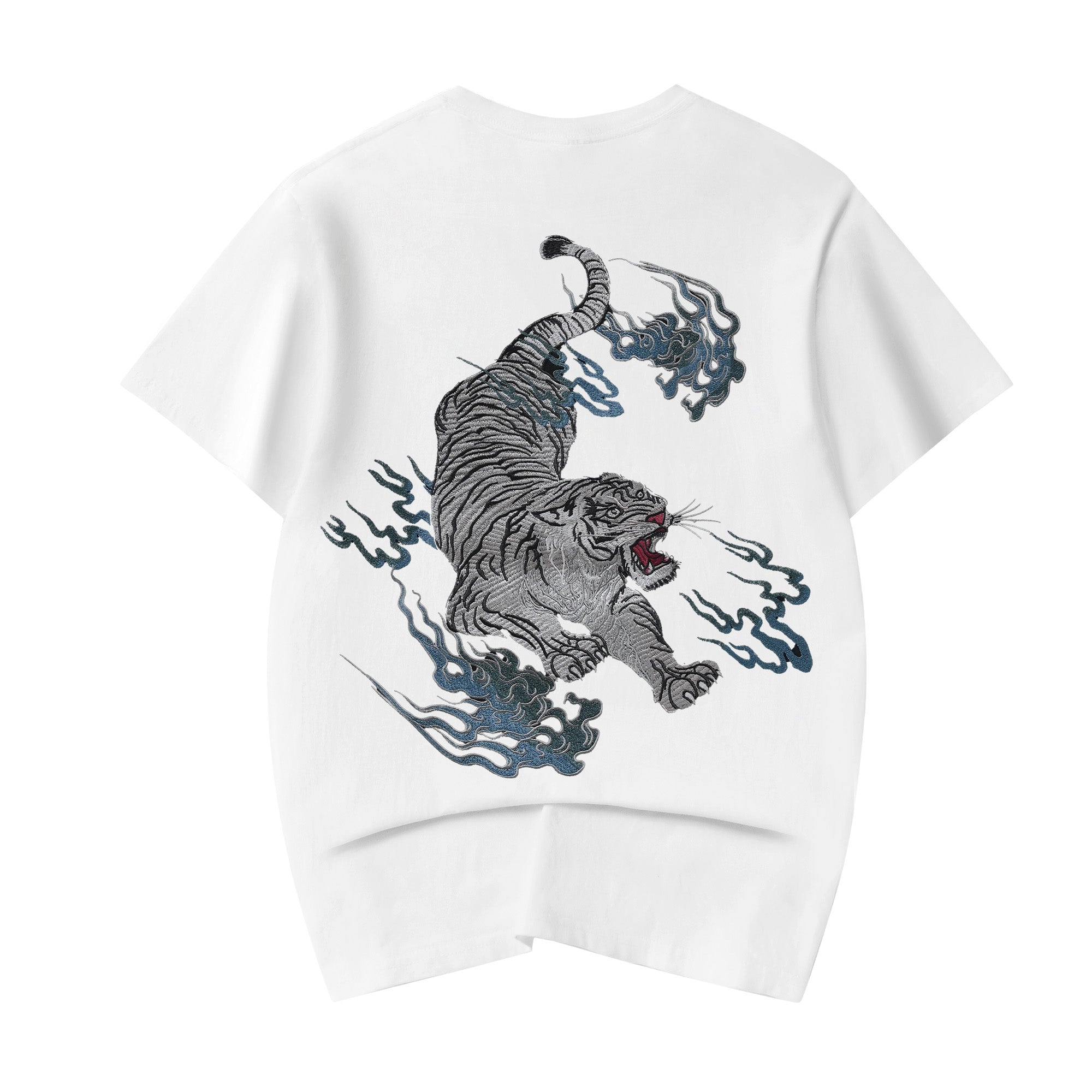 Unisex Flaming White Tiger Embroidered Tee