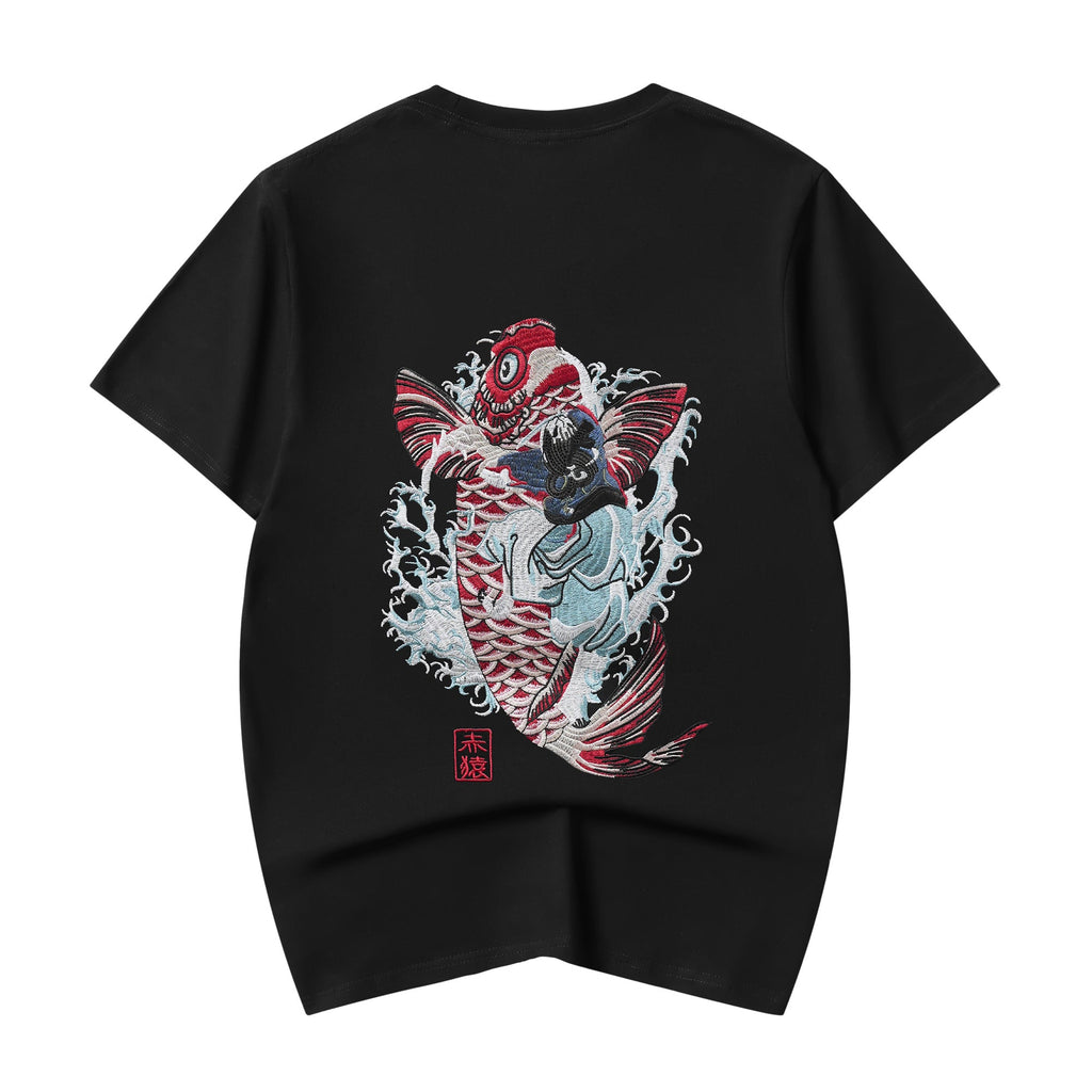 Unisex Red Koi Wave Rider Embroidered Tee