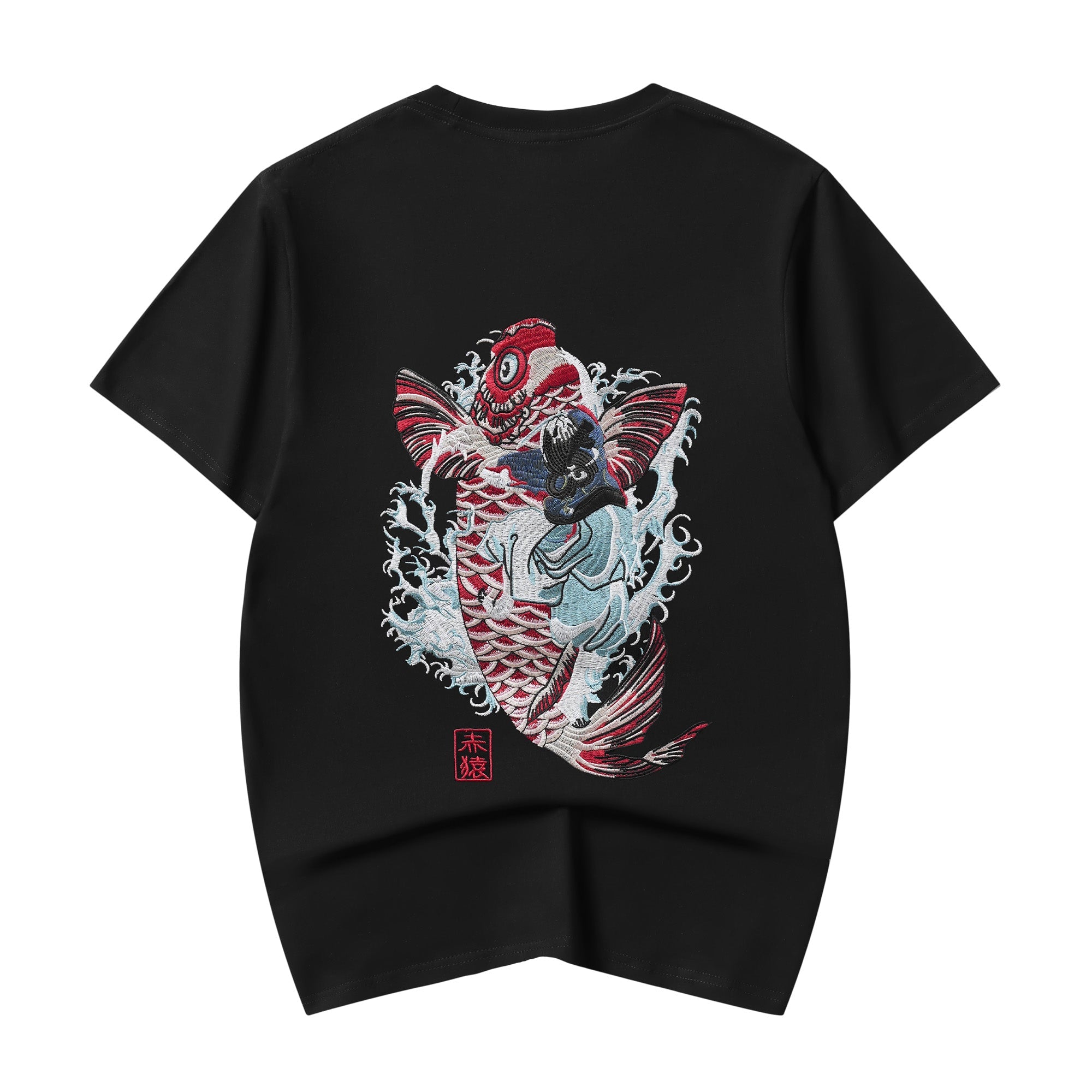 Unisex Red Koi Wave Rider Embroidered Tee