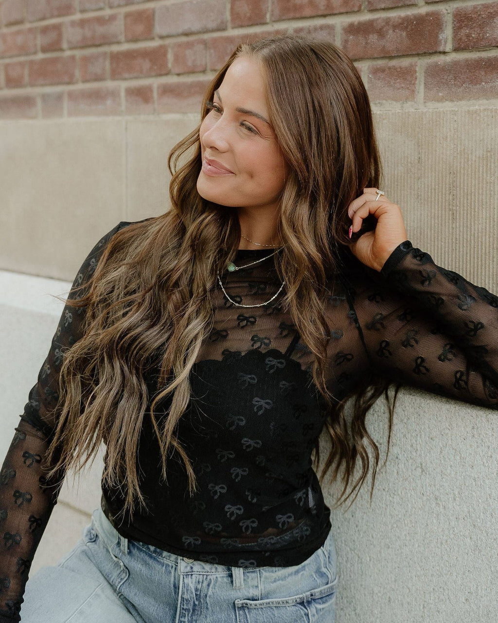 Black Bow Pattern Long Sleeve Slim Fit Mesh Top