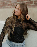 Black Bow Pattern Long Sleeve Slim Fit Mesh Top