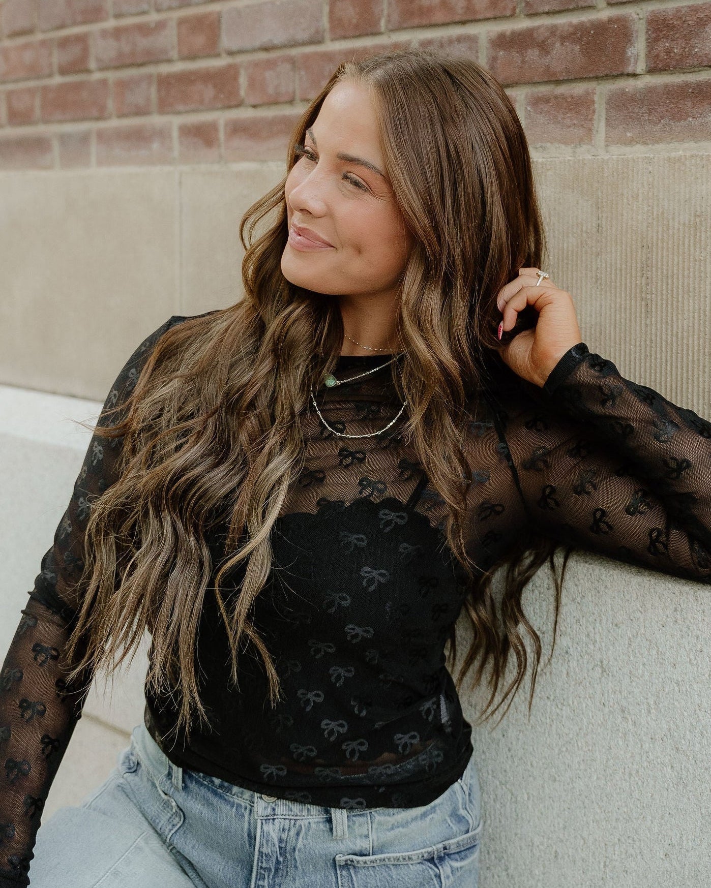Black Bow Pattern Long Sleeve Slim Fit Mesh Top