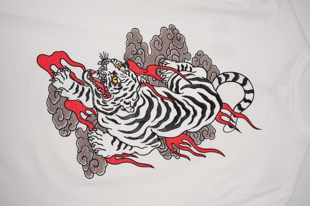 Unisex White Cloud Tiger Embroidered Tee