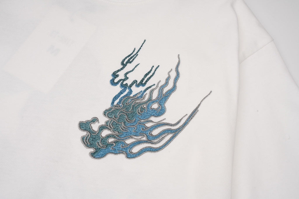 Unisex Flaming White Tiger Embroidered Tee