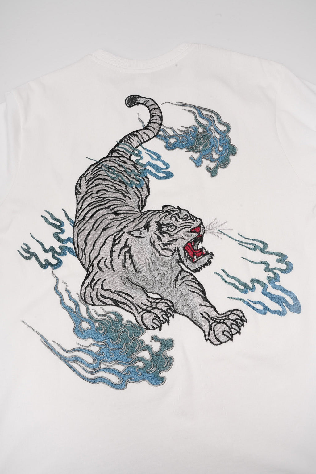 Unisex Flaming White Tiger Embroidered Tee