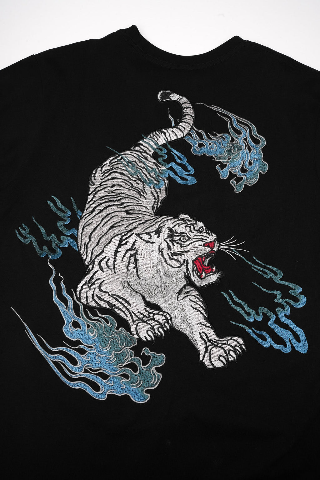 Unisex Flaming White Tiger Embroidered Tee