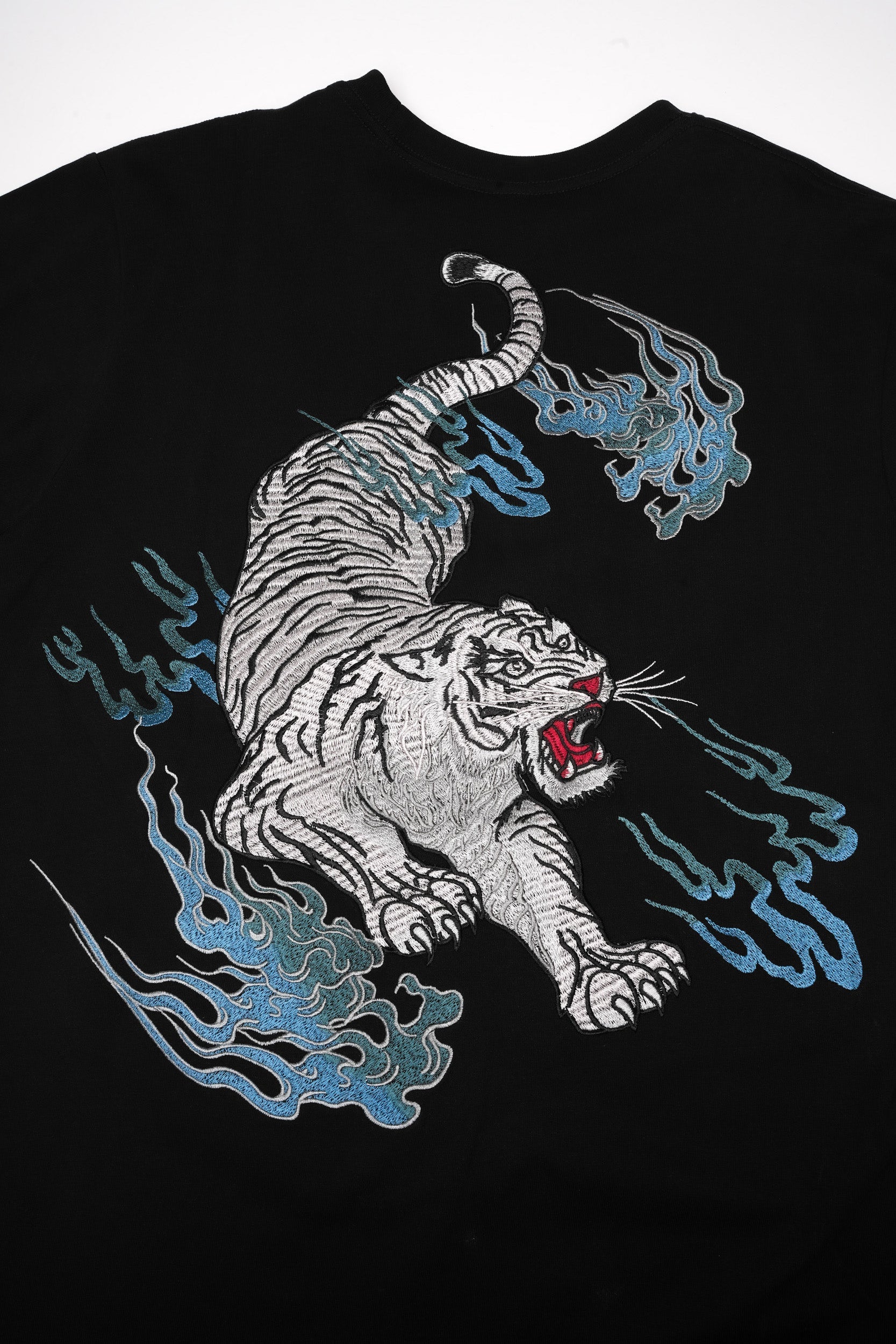 Unisex Flaming White Tiger Embroidered Tee