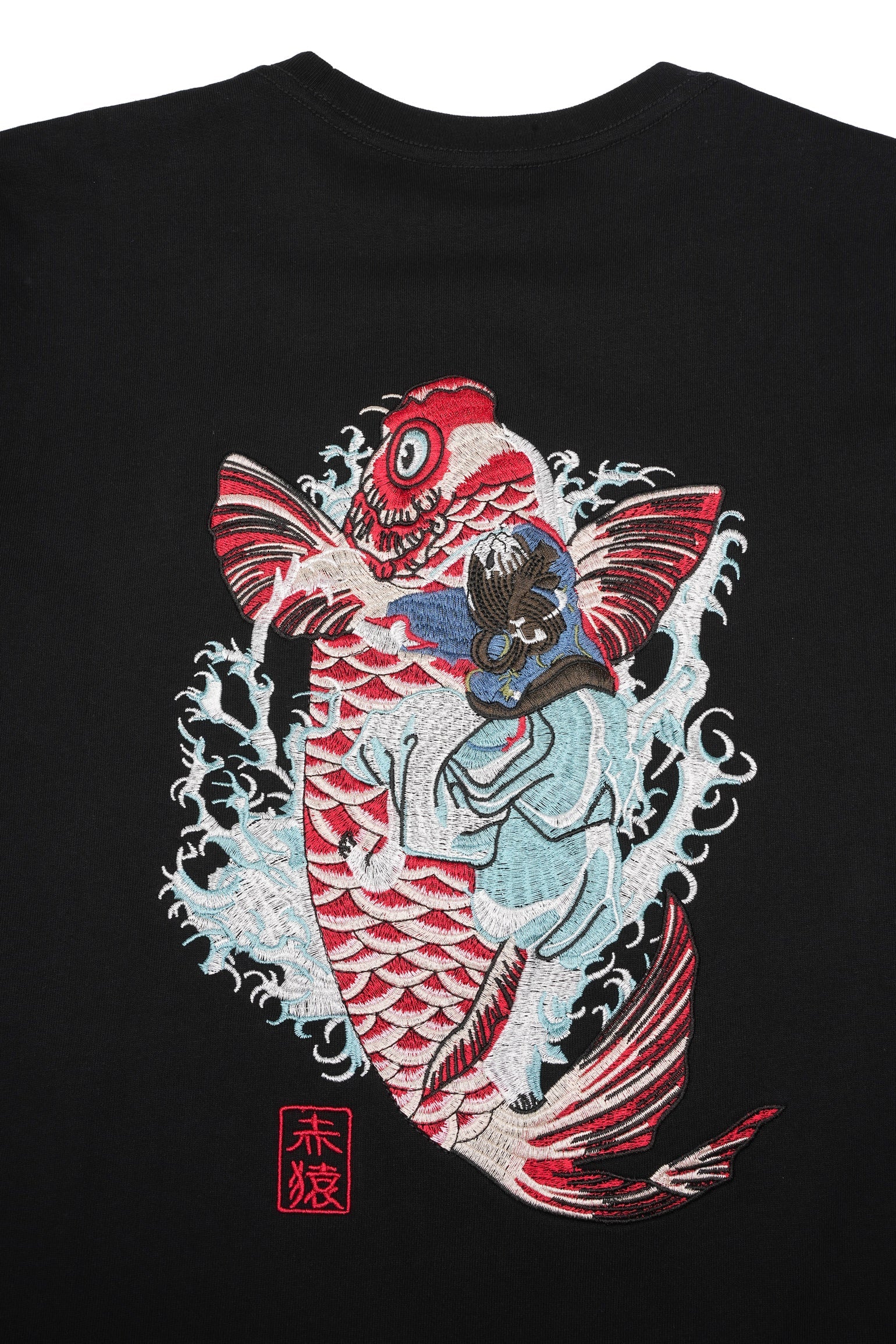 Unisex Red Koi Wave Rider Embroidered Tee