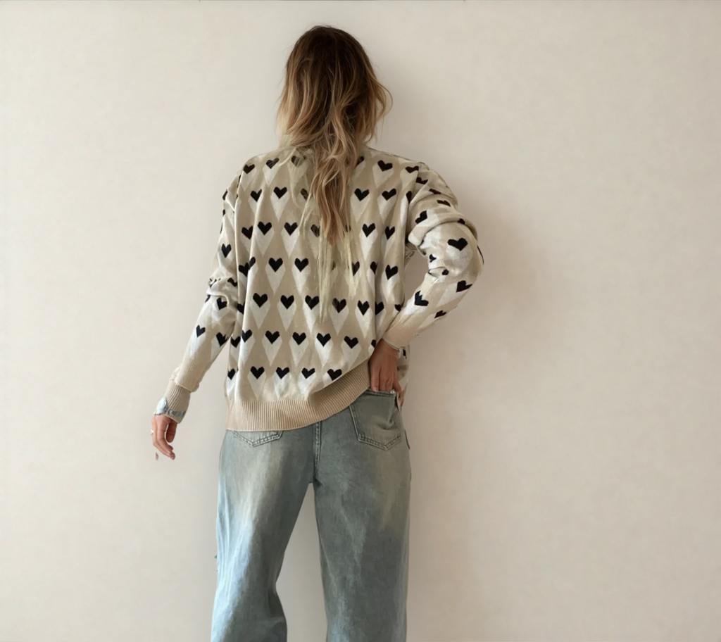 Geometric Heart Print Ribbed Trim Sweater