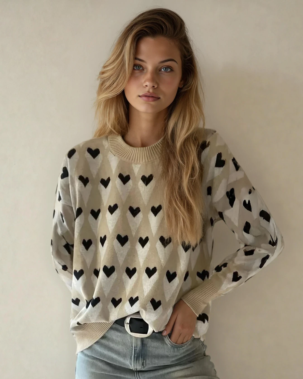 Geometric Heart Print Ribbed Trim Sweater