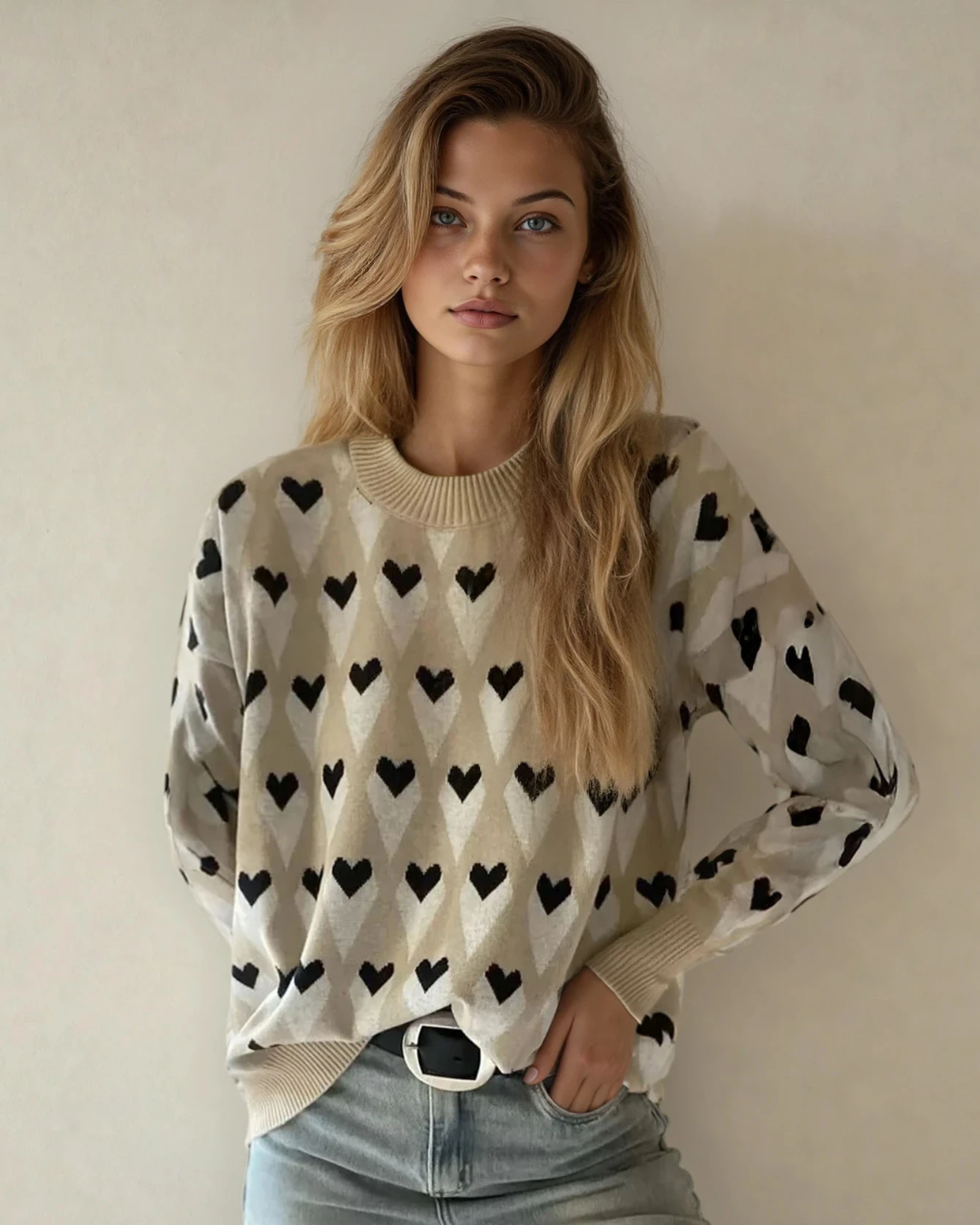 Geometric Heart Print Ribbed Trim Sweater