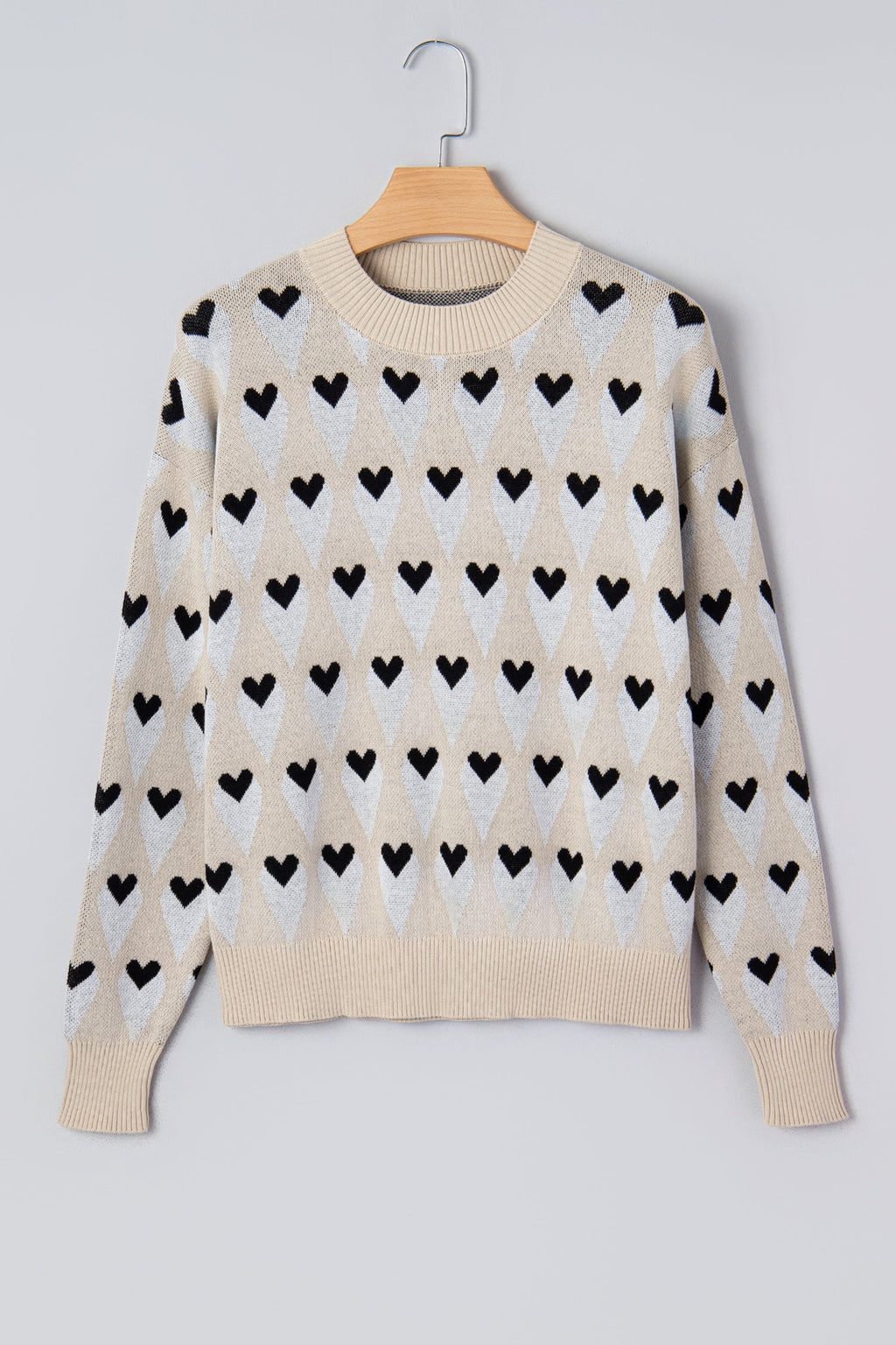 Geometric Heart Print Ribbed Trim Sweater