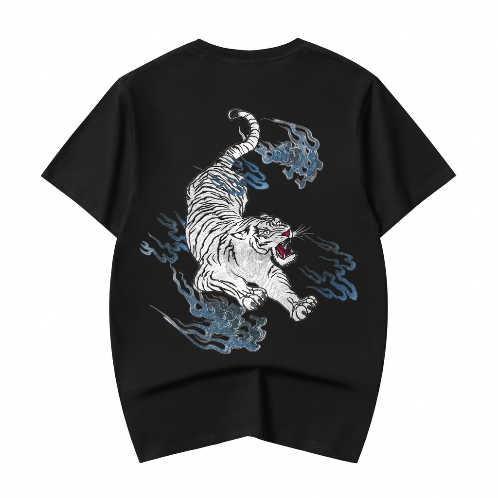 Unisex Flaming White Tiger Embroidered Tee