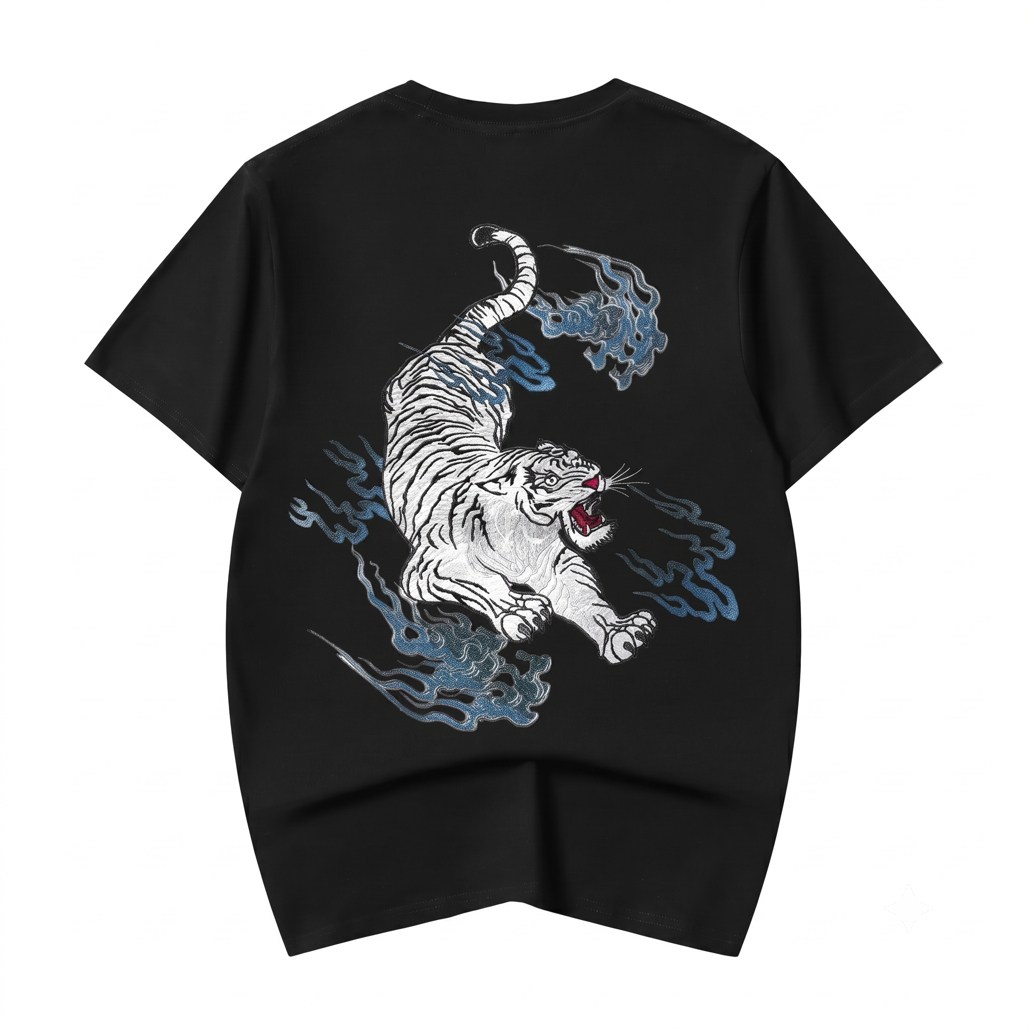 Unisex Flaming White Tiger Embroidered Tee