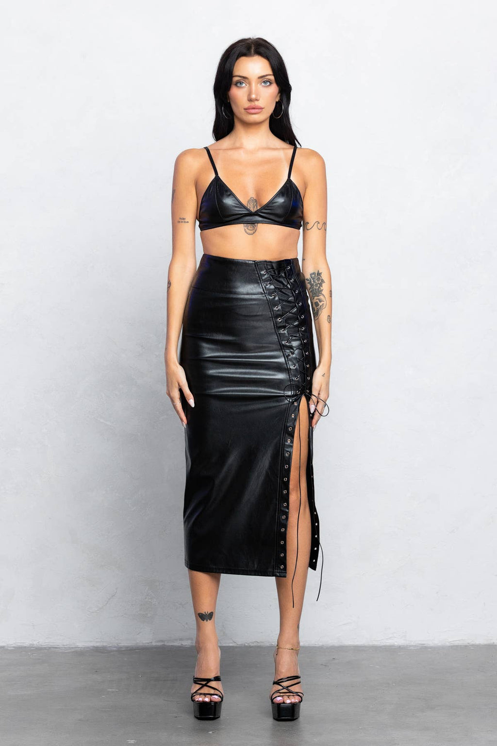 Lace Up Leather Midi Skirt
