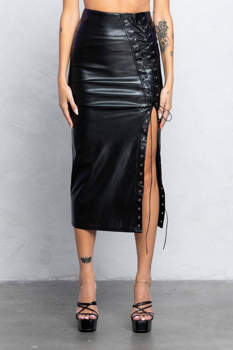 Lace Up Leather Midi Skirt