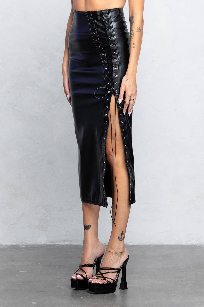Lace Up Leather Midi Skirt