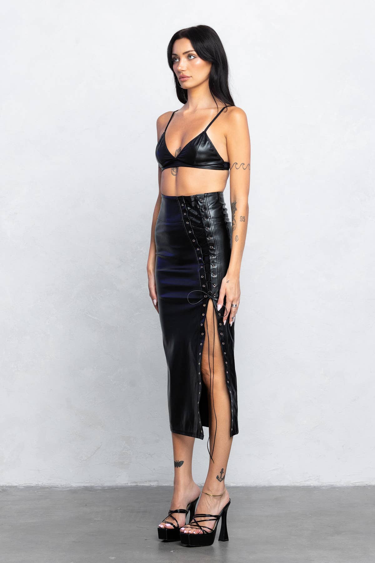 Lace Up Leather Midi Skirt