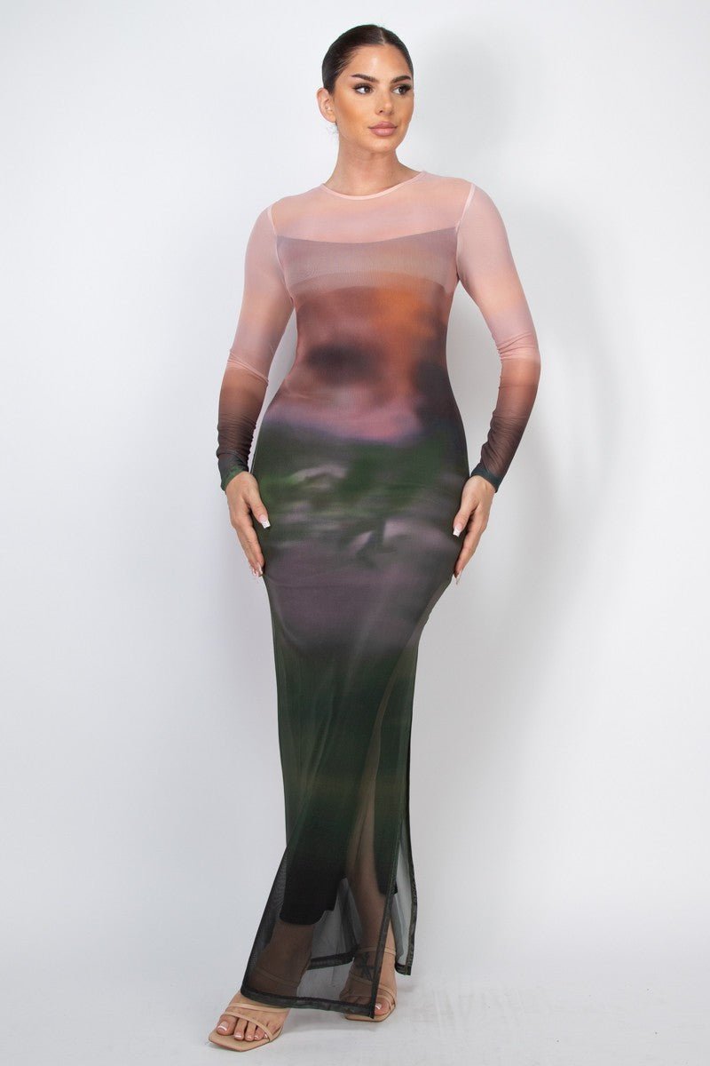 Long Sleeve Mesh Ombre Dress