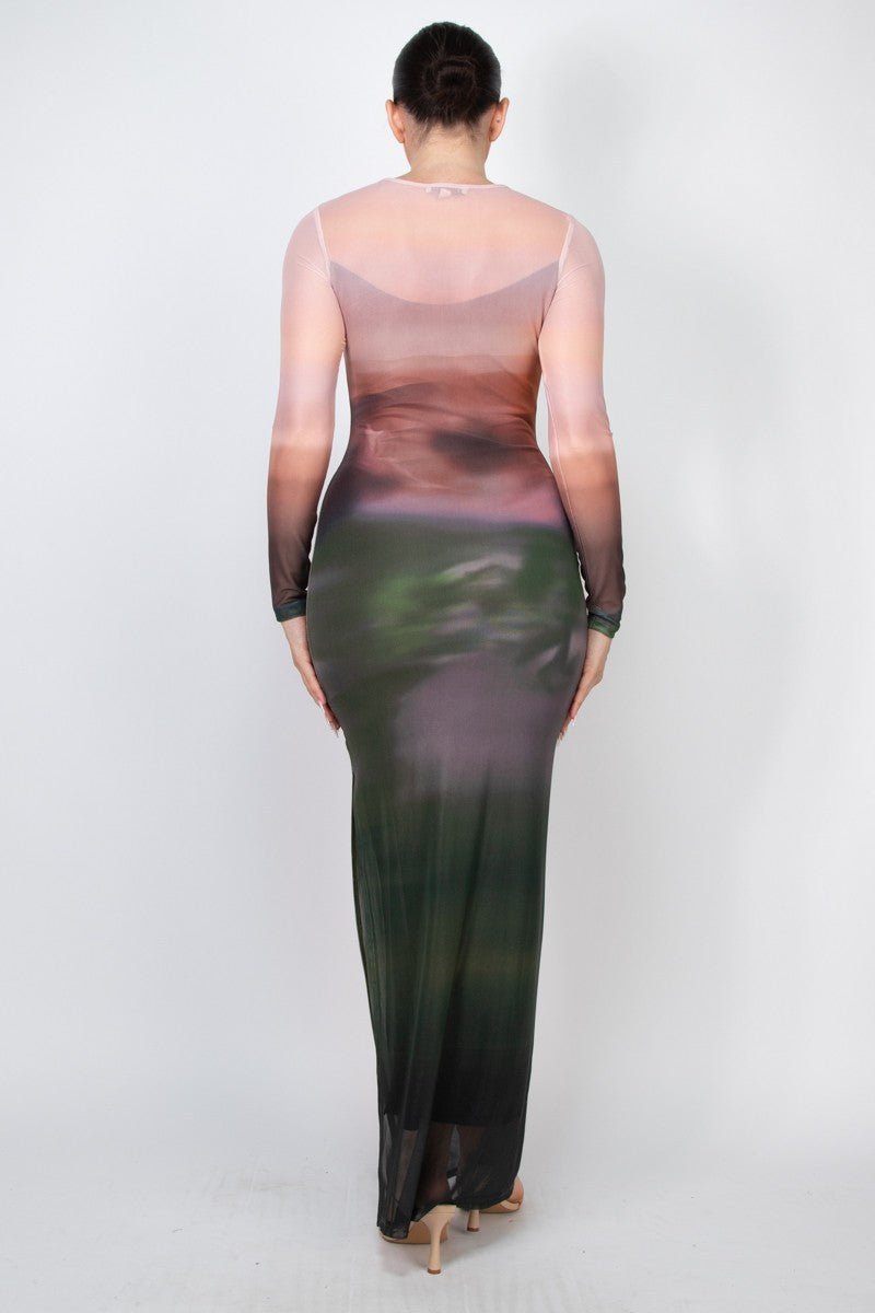Long Sleeve Mesh Ombre Dress