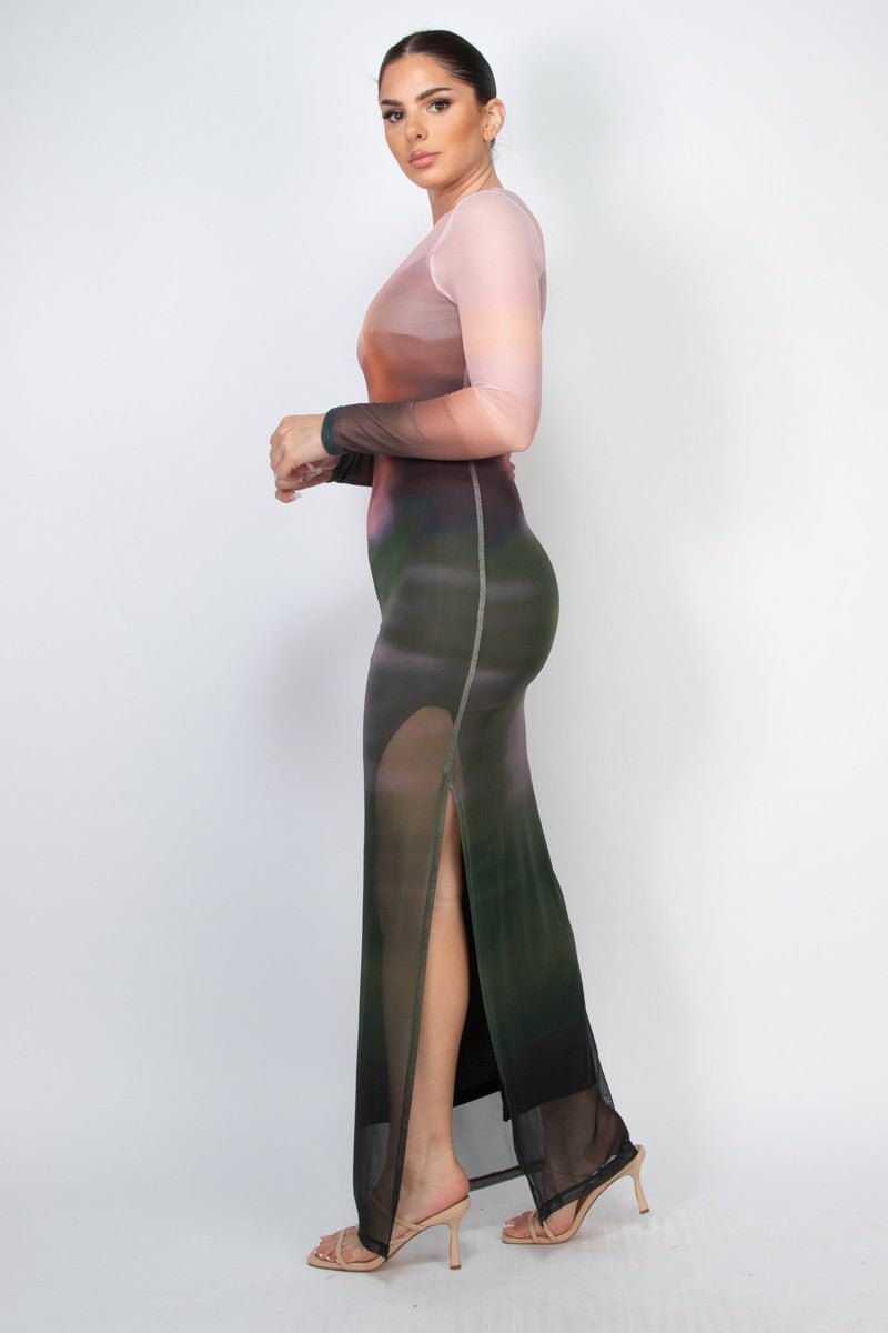 Long Sleeve Mesh Ombre Dress