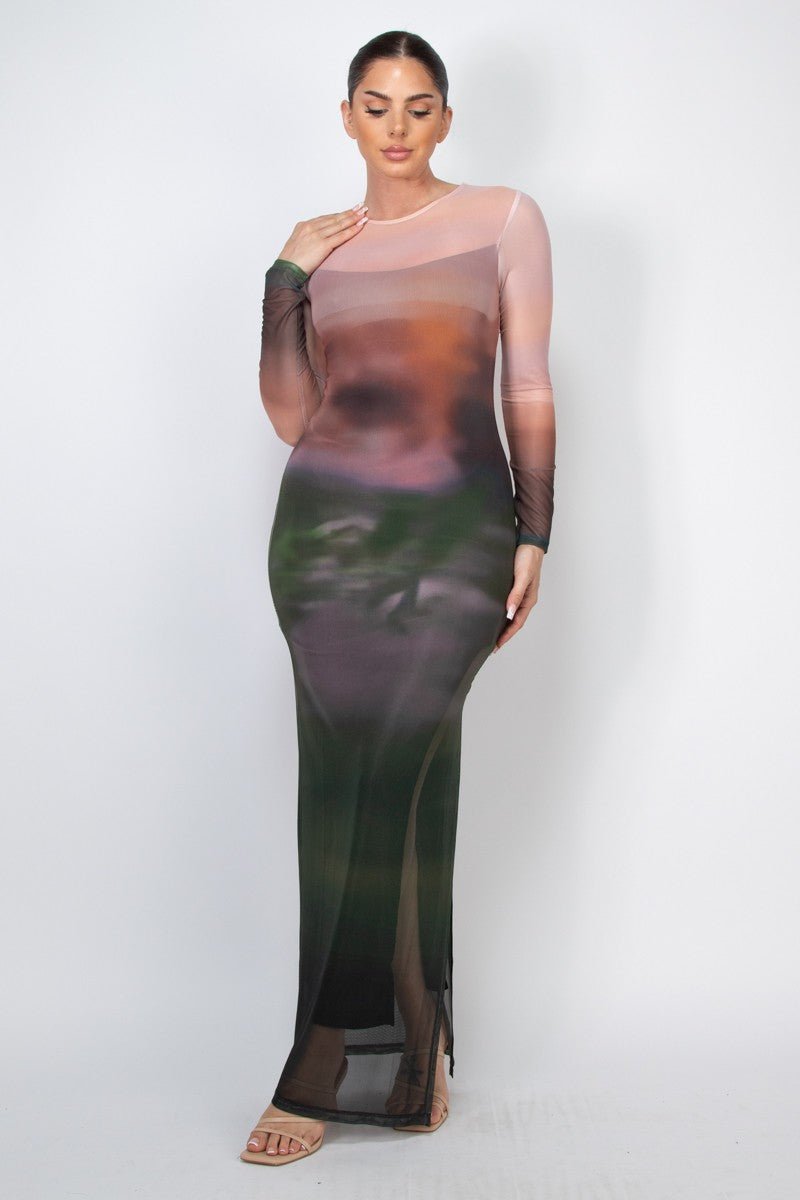 Long Sleeve Mesh Ombre Dress